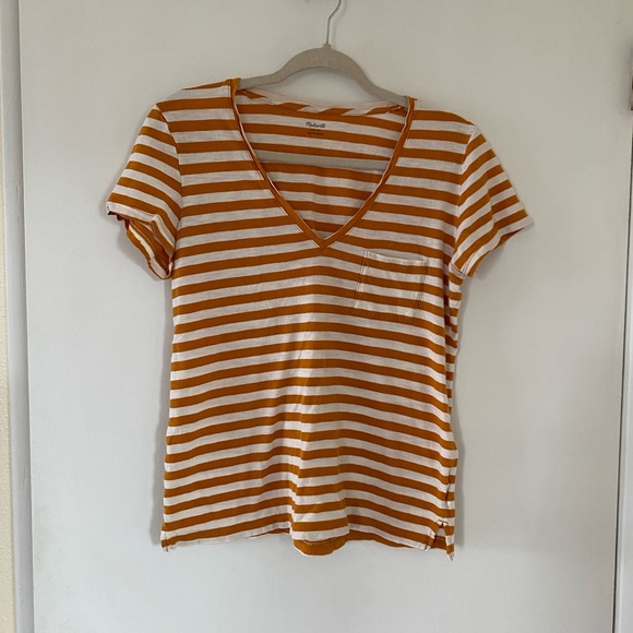 Madewell Tops - Madewell White & Mustard Striped V-Neck Pocket Tee 100% Cotton t-shirt Medium